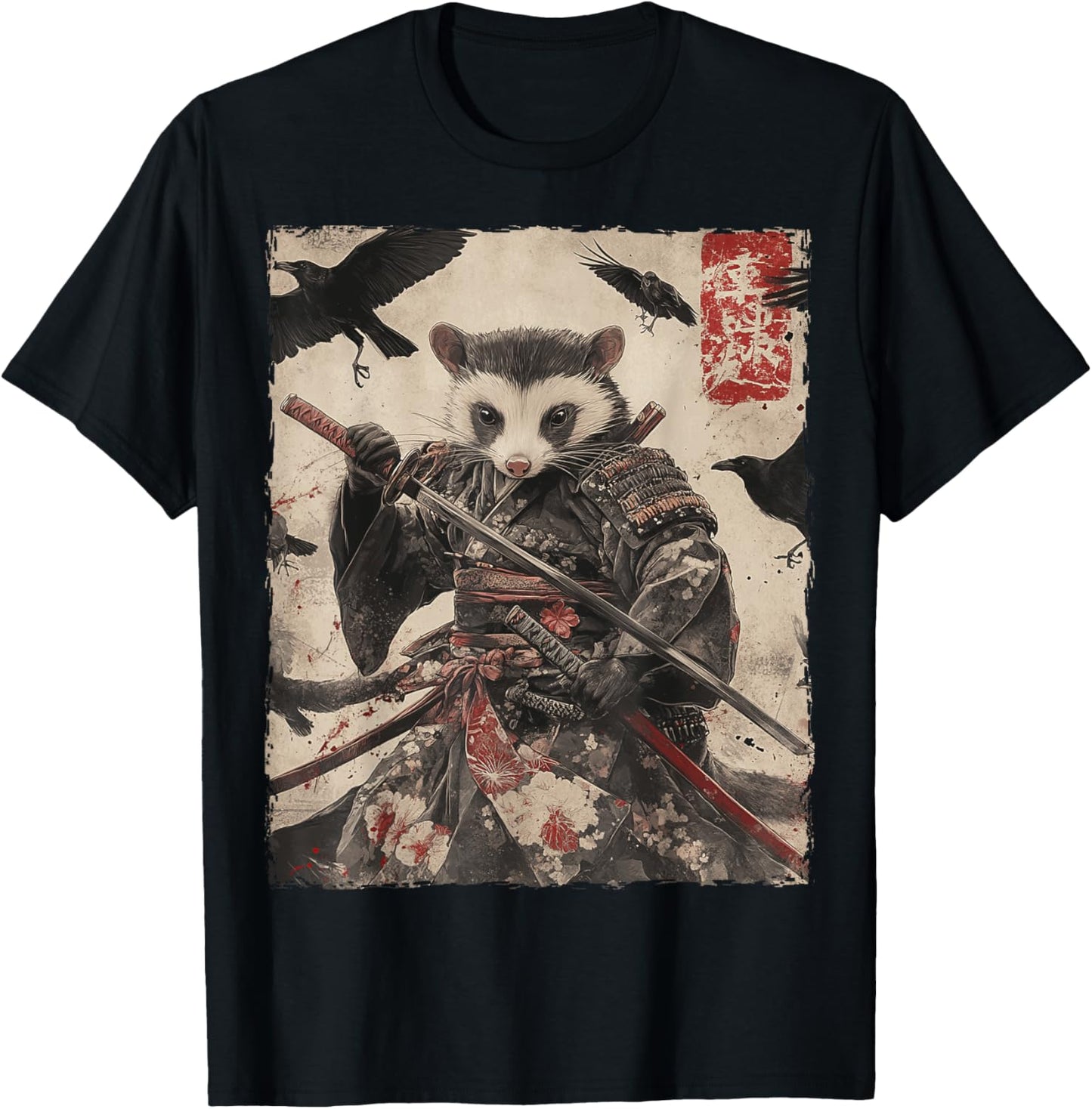 Opossum Possum Samurai Graphic Japanese Warrior Anime T-Shirt - T-Shirt | Black