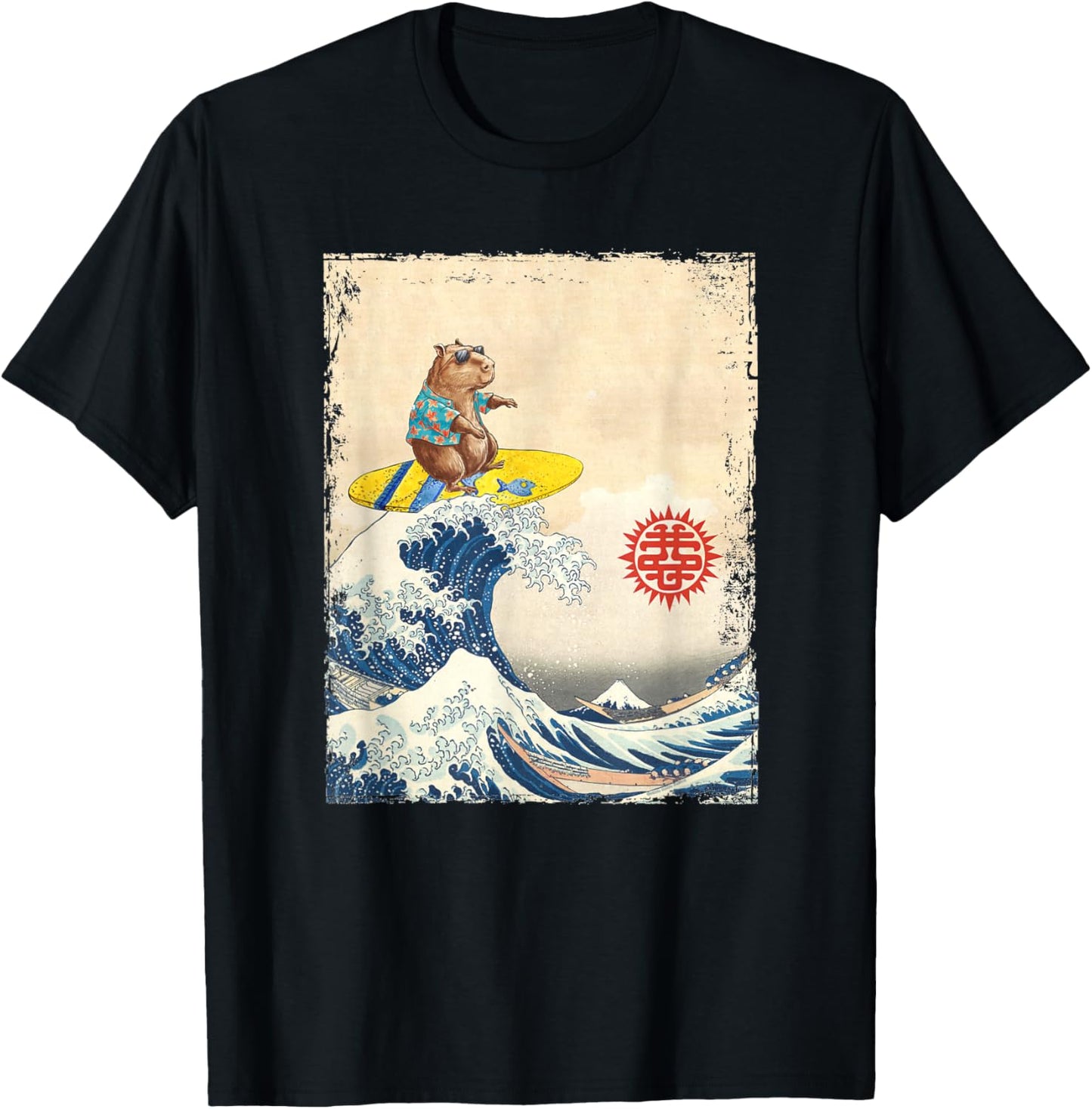 Cute Japanese Great Wave Kanagawa Surfing Capybara T-Shirt - T-Shirt | Black