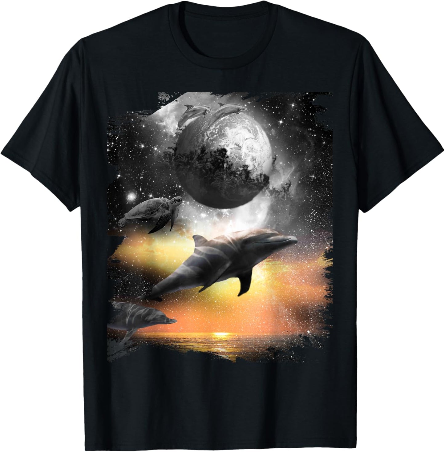 Black and White Space Dolphin, Celestial Dolphins T-Shirt - T-Shirt | Black