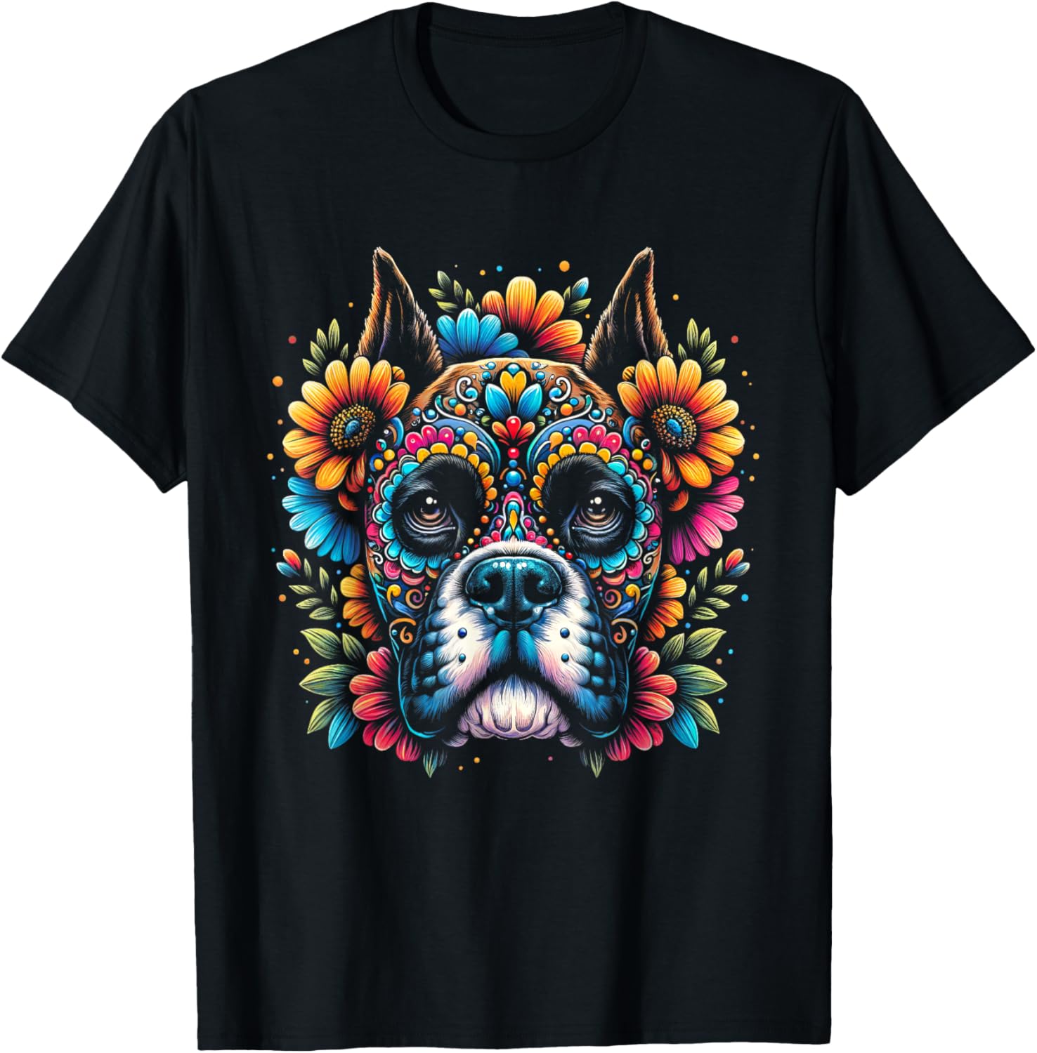 Cinco De Mayo Sugar Skull Flower Boxer Dog Women Kids T-Shirt - T-Shirt | Black