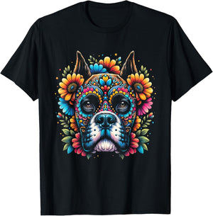 Cinco De Mayo Sugar Skull Flower Boxer Dog Women Kids T-Shirt - T-Shirt | Black