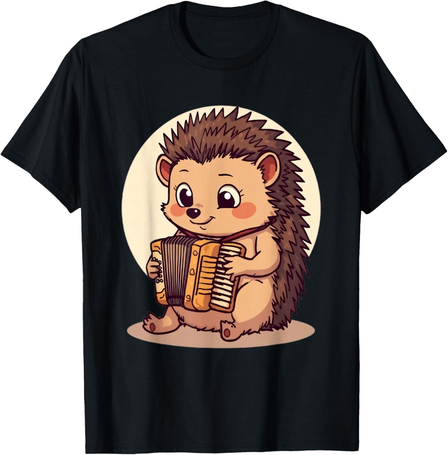 Adorable Hedgehog Playing Accordion in Cozy Style T-Shirt - T-Shirt | Black