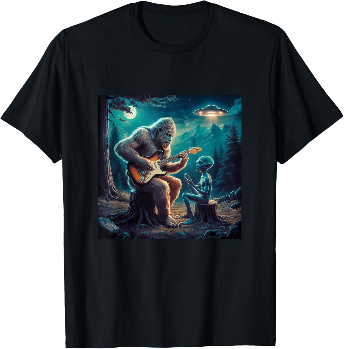 Alien Bigfoot Guitar Sasquatch UFO Gifts , Women, Kid T-Shirt - T-Shirt | Black