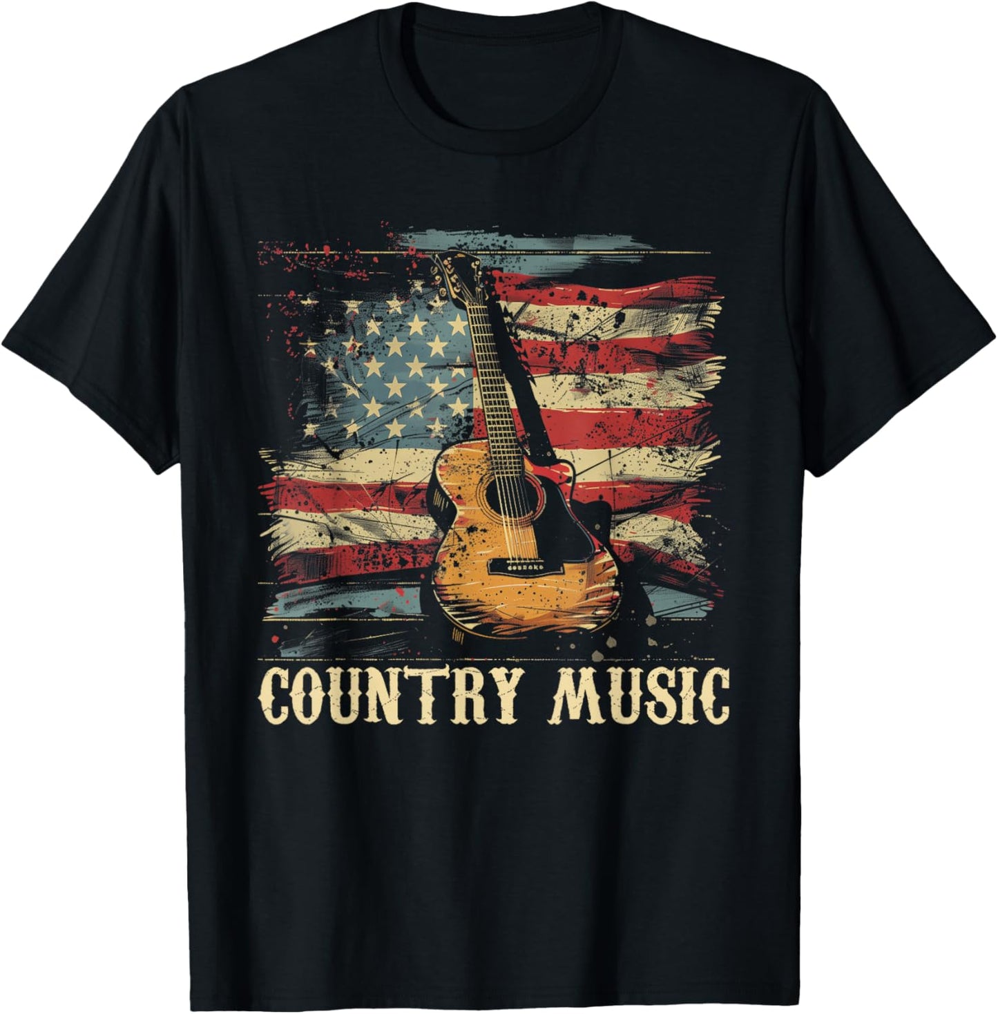 Country Music - Outlaw Western USA Patriotic Vintage Guitar Women Men T-Shirt - T-Shirt | Black