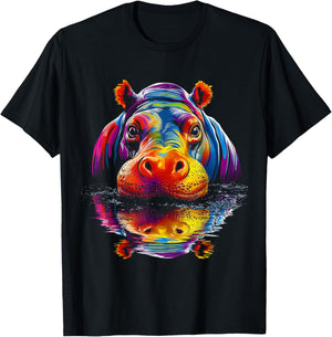 Hippo Colorful Art Animal Cute Graphic Motif Hippo T-Shirt - T-Shirt | Black