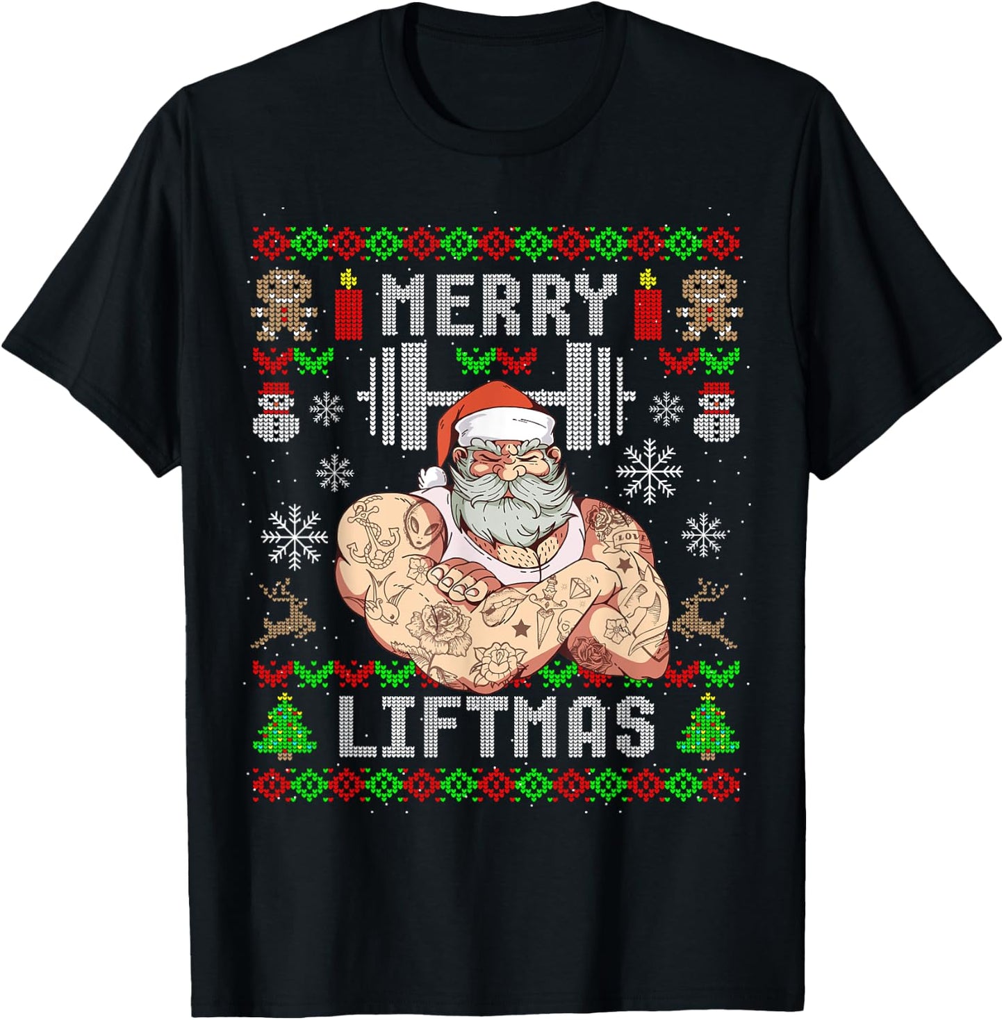 Funny Merry Liftmas Ugly Christmas Workout Powerlifting T-Shirt - T-Shirt | Black