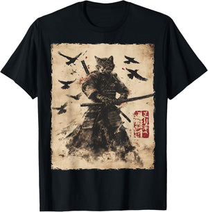 Cat Samurai Graphic Japanese Warrior Anime Men Women Kids T-Shirt - T-Shirt | Black