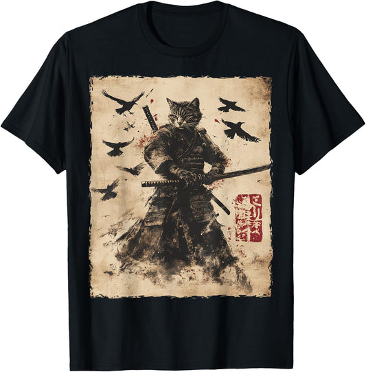 Cat Samurai Graphic Japanese Warrior Anime Men Women Kids T-Shirt - T-Shirt | Black