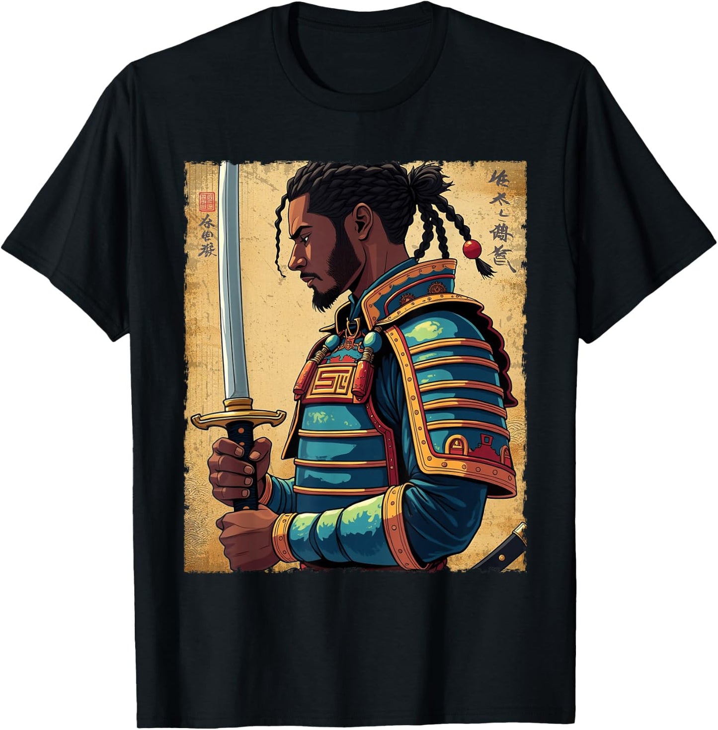 African Samurai Vintage Afro American Bushido Warrior Katana T-Shirt - T-Shirt | Black