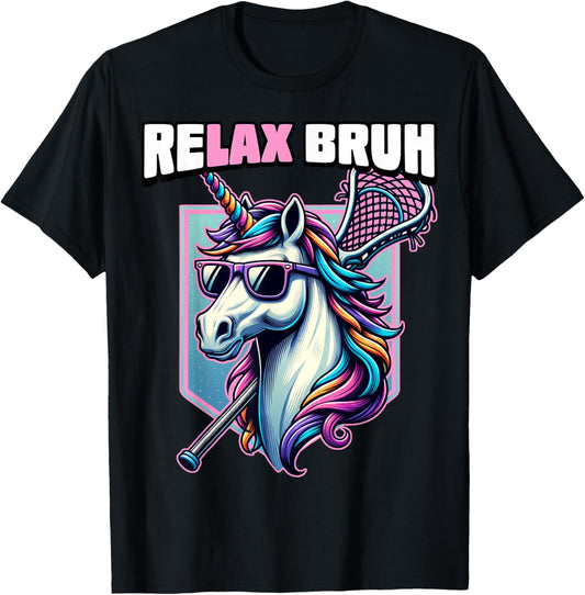 Relax Bro Bruh Funny Unicorn Lax Lacrosse Men Boys Girls T-Shirt - T-Shirt | Black
