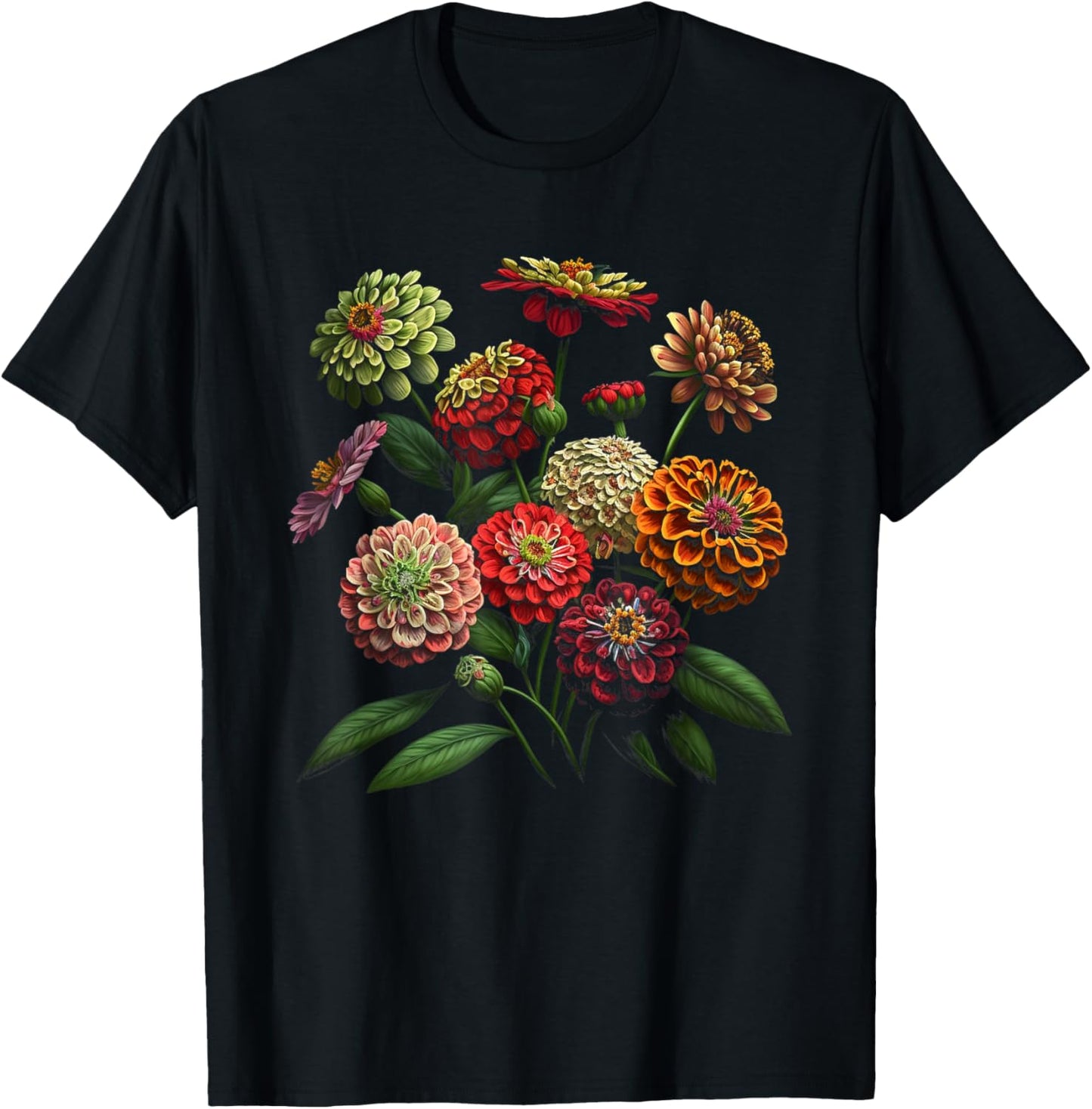 Zinnia Flowers, Floral Bouquet Design T-Shirt - T-Shirt | Black