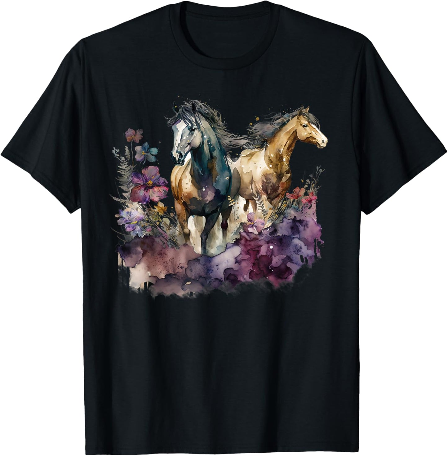 Horses Flowers Wild Mane Boho Western Southern Cowgirl T-Shirt - T-Shirt | Black