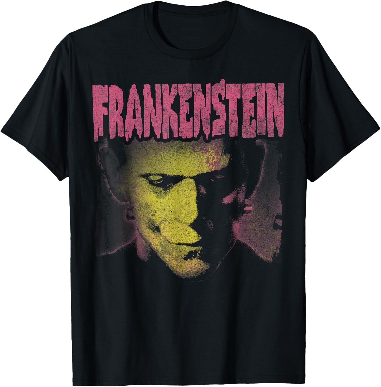 Universal Monsters Frankenstein Pink Splatter Portrait T-Shirt - T-Shirt | Black
