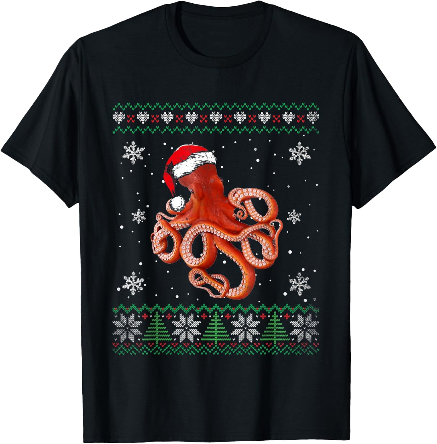 Santa Octopus Ugly Sweater Animals Christmas Pajama T-Shirt - T-Shirt | Black