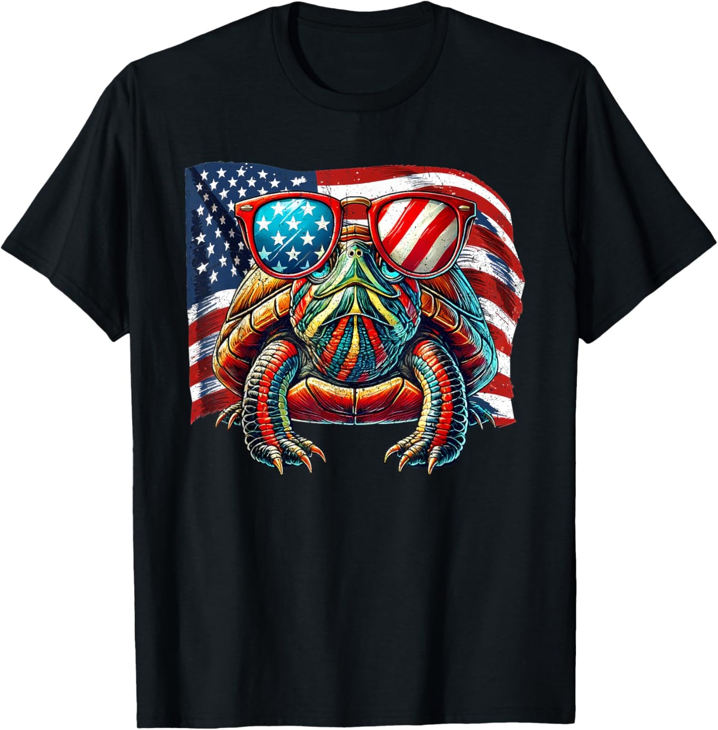 Red-Eared Slider Turtle USA Flag Patriotic Sunglasses Pets T-Shirt - T-Shirt | Black
