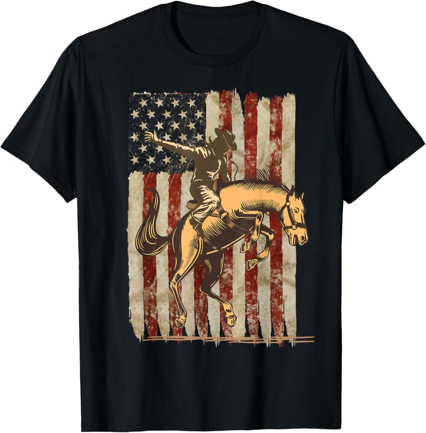 Patriotic Rodeo Cowboy Bronc Rider: Distressed US Flag T-Shirt - T-Shirt | Black