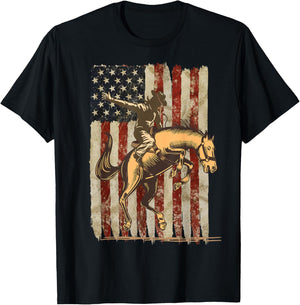 Patriotic Rodeo Cowboy Bronc Rider: Distressed US Flag T-Shirt - T-Shirt | Black