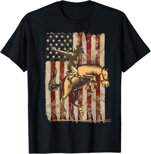 Patriotic Rodeo Cowboy Bronc Rider: Distressed US Flag T-Shirt - T-Shirt | Black
