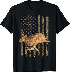 Rabbit Hunting American Flag Camouflage Rabbiting Hunter T-Shirt - T-Shirt | Black