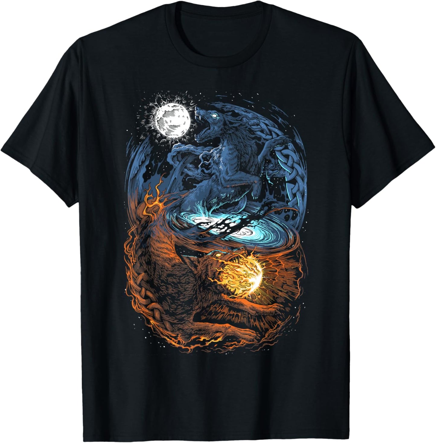 Hati and Skoll - Vikings Norse Mythology - Fenrir Wolf T-Shirt - T-Shirt | Black
