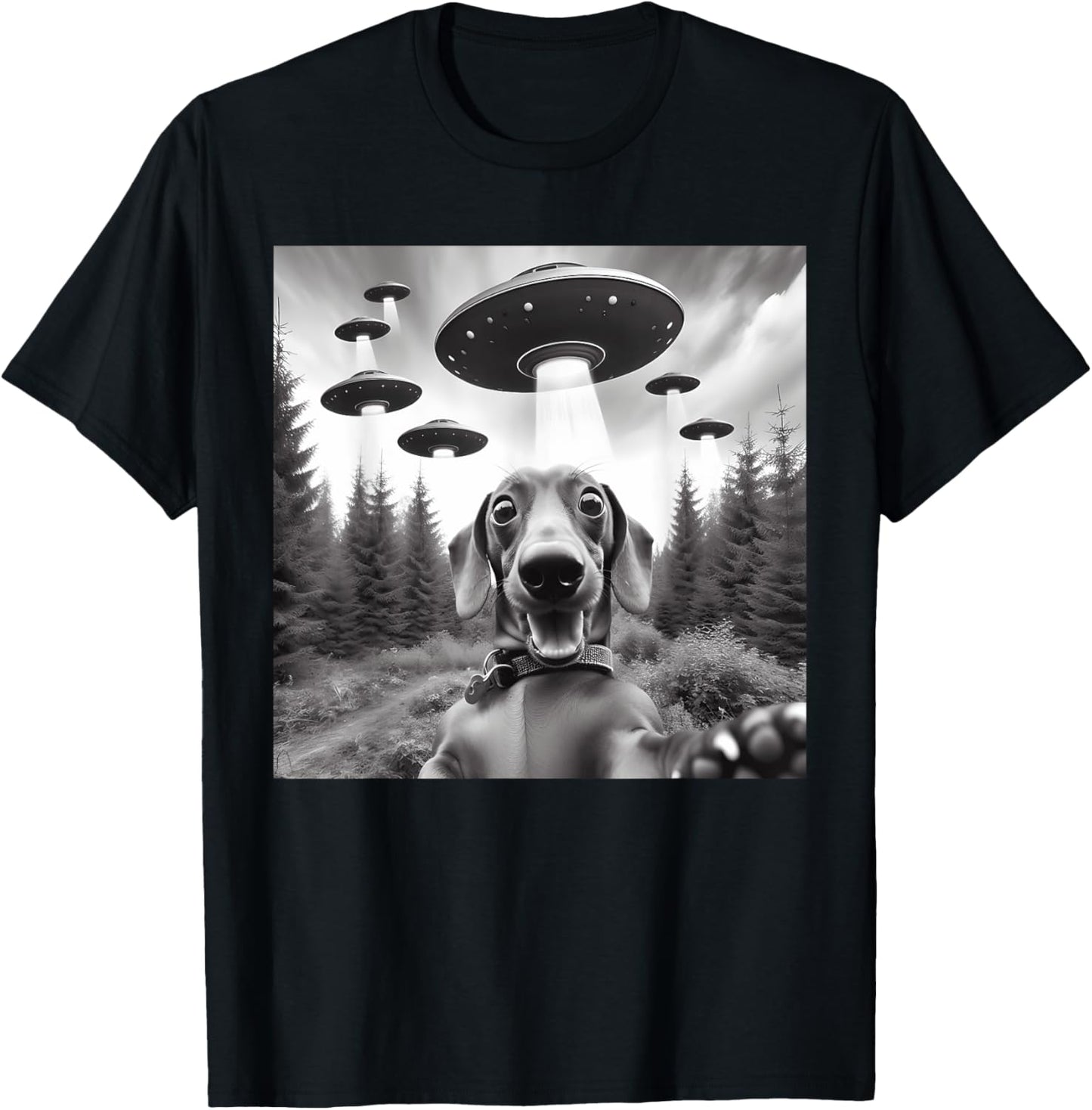 Dachshund Selfie with UFOs Outer Space Alien Kids Dog Owners T-Shirt - T-Shirt | Black