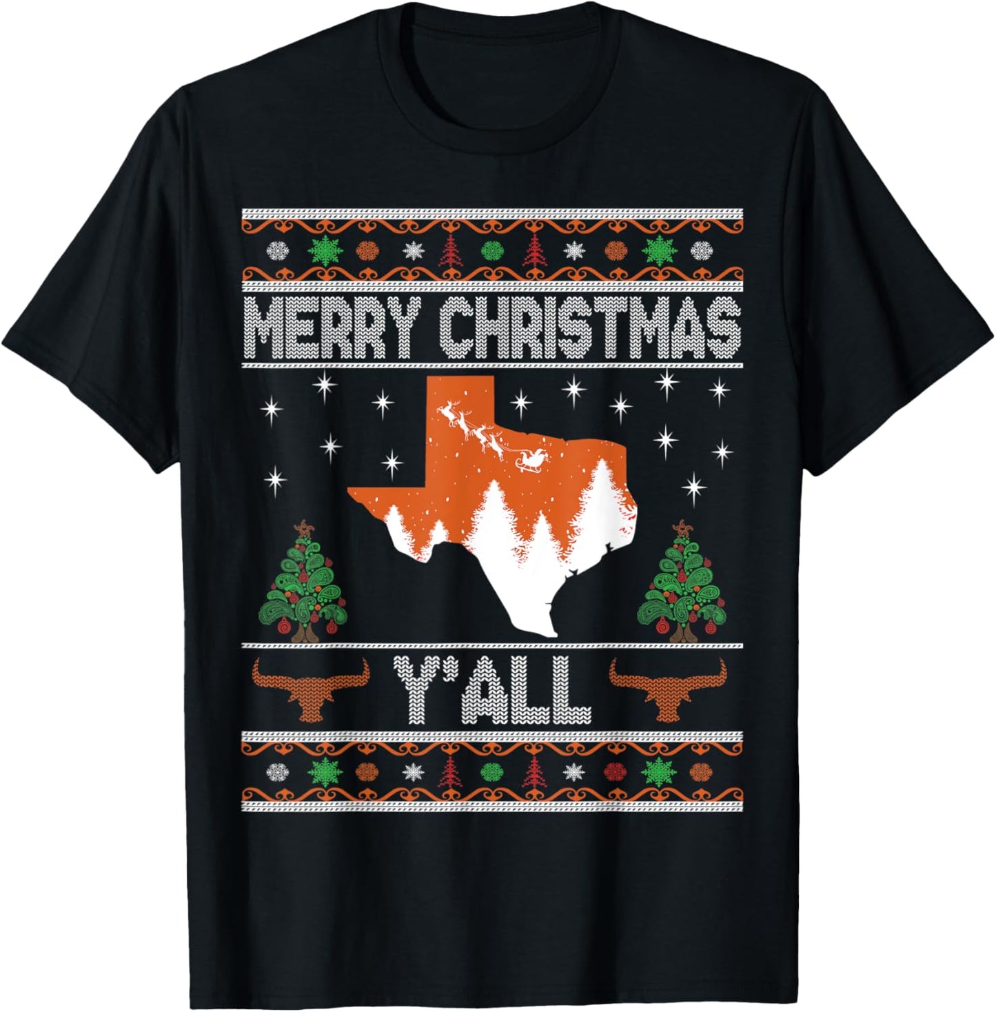 Merry Xmas Y'all Texas Ugly Matching Family Longhorn Sweater T-Shirt - T-Shirt | Black