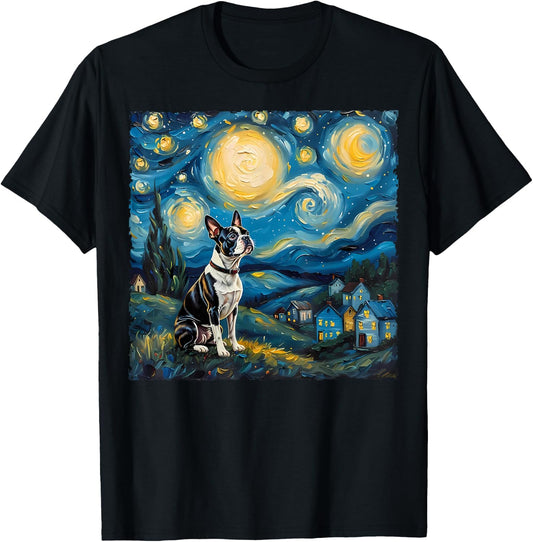 Boston Terrier Dog Lovers Starry Night Van Gogh Style Art T-Shirt - T-Shirt | Black