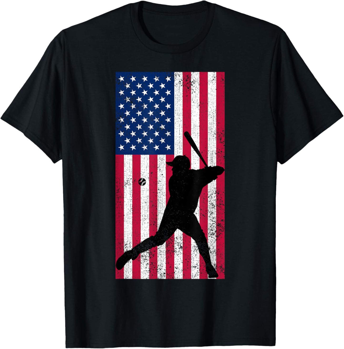 Baseball Player Distressed American Flag USA Patriotic Sport Women Kids Men T-Shirt - T-Shirt | Black