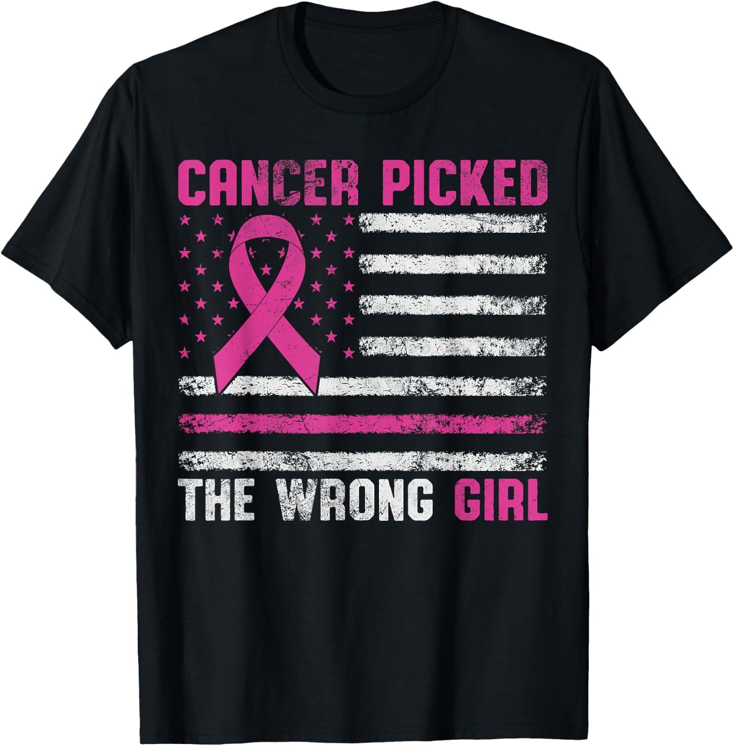 American Flag Cancer Picked The Wrong Girl Breast Cancer T-Shirt - T-Shirt | Black