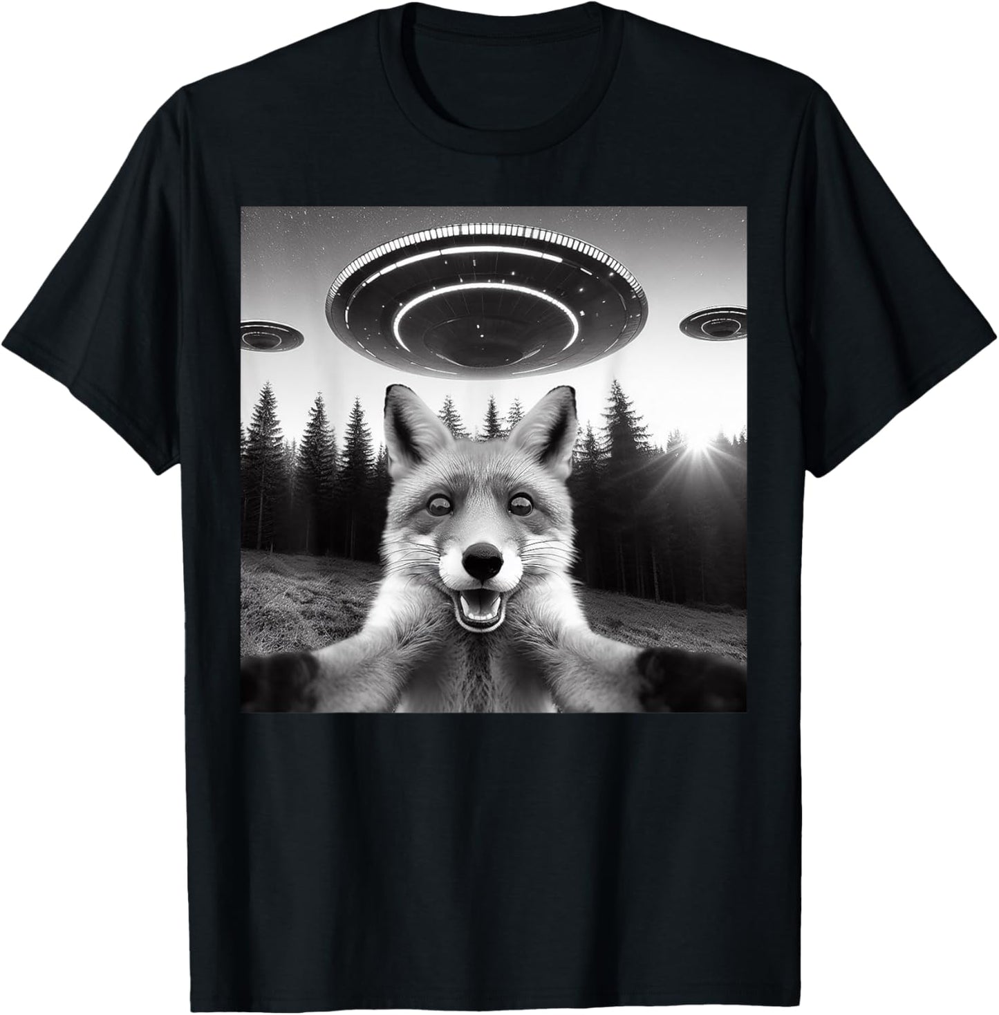 Fox Selfie With Alien UFO Funny Fox Gifts Women Kid T-Shirt - T-Shirt | Black