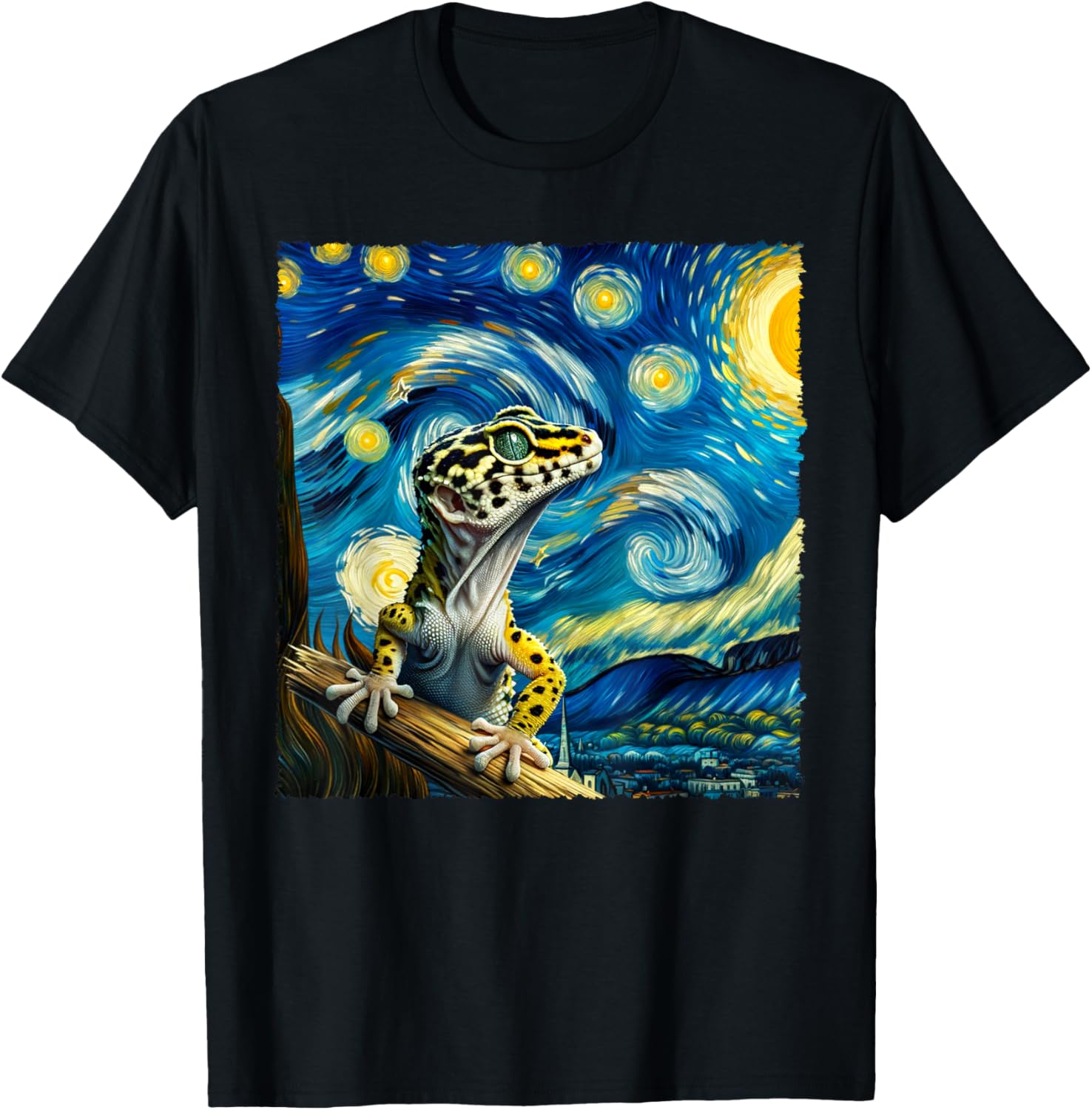 Vintage Leopard Gecko Starry Night Portrait Cute Animals T-Shirt - T-Shirt | Black