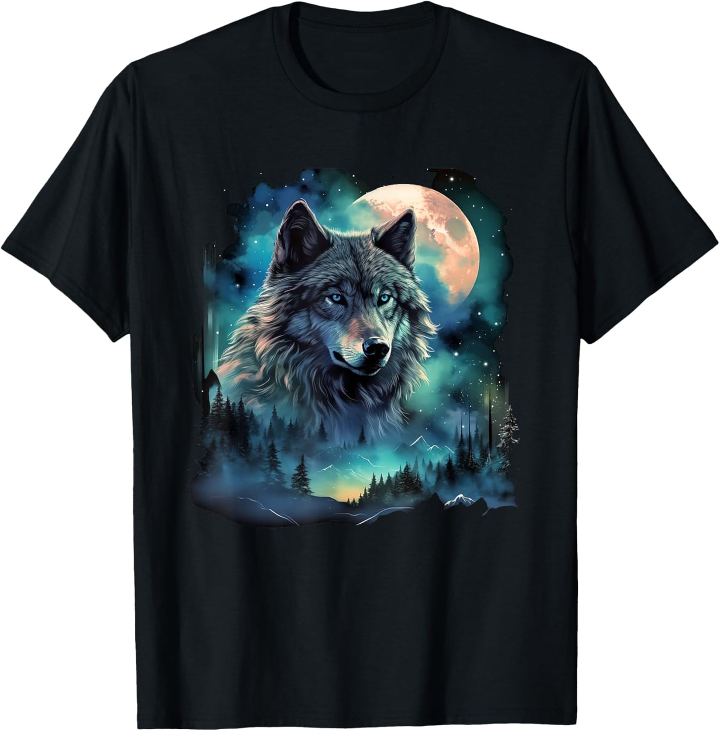 Grey Wolf Hunting Grounds ICY Moon Forest Galaxy T-Shirt - T-Shirt | Black