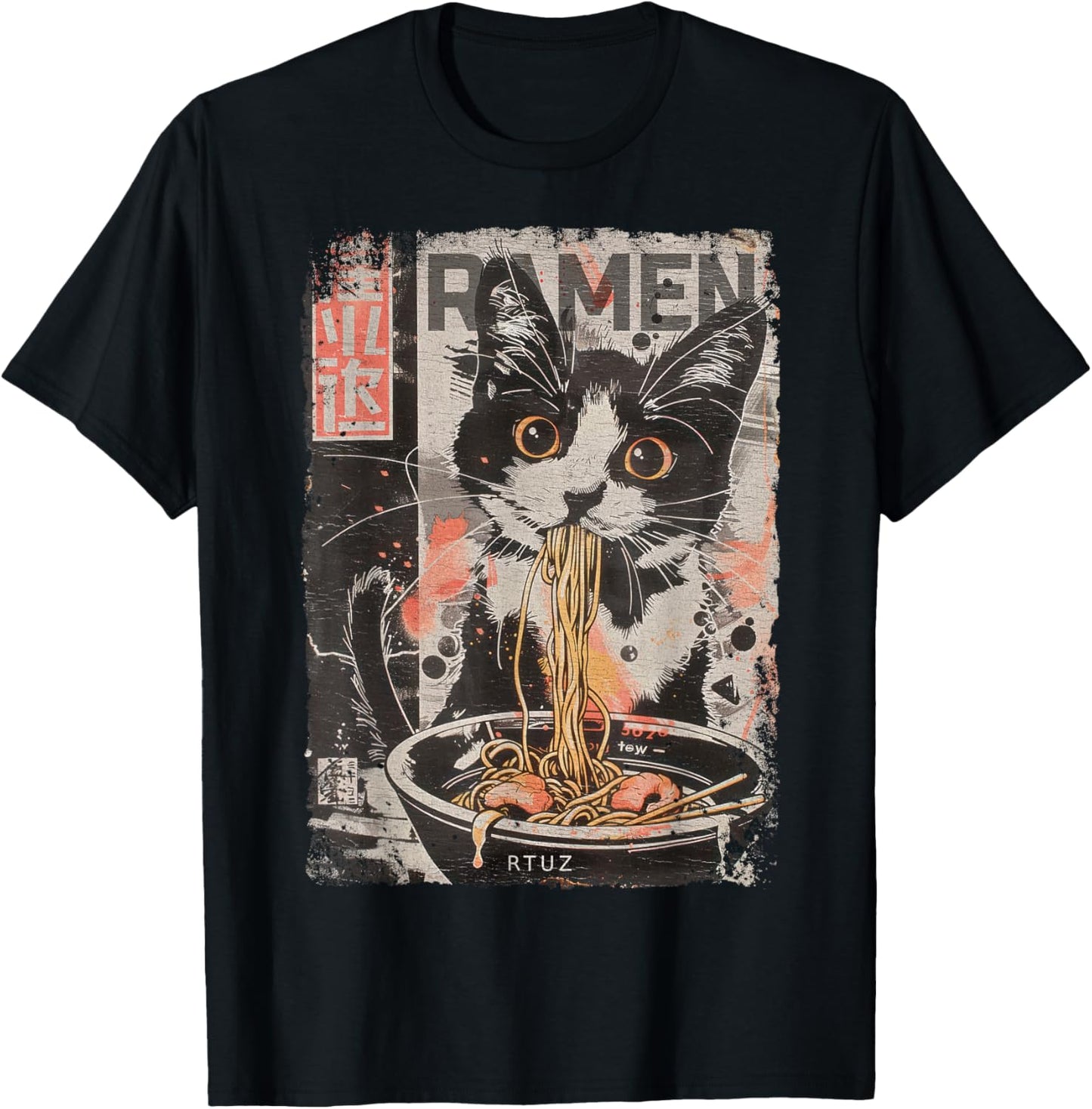 Ramen Noodles Cat Japan Y2K Kawaii Retro Cats Manga Anime T-Shirt - T-Shirt | Black