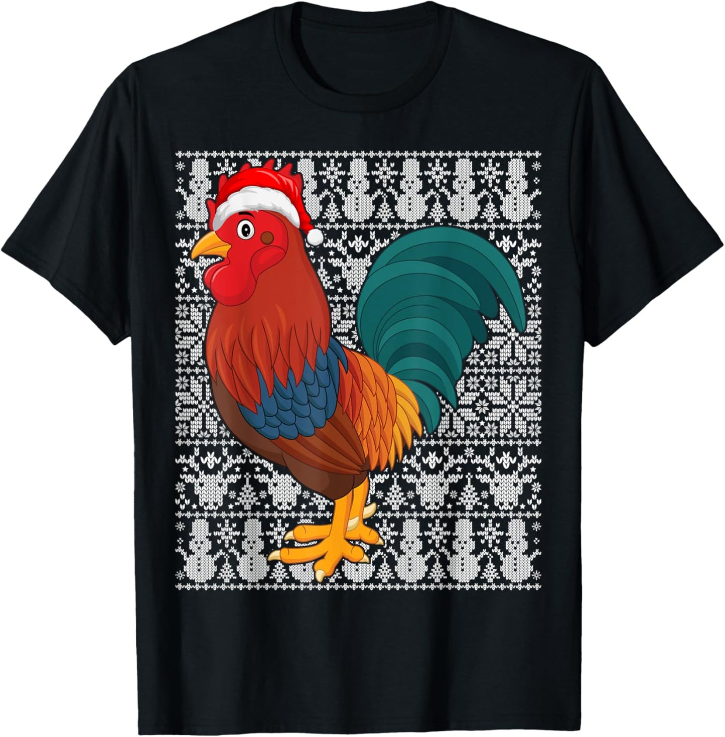 Rooster Bird Wearing Santa Hat Men Women Kids Ugly Christmas T-Shirt - T-Shirt | Black