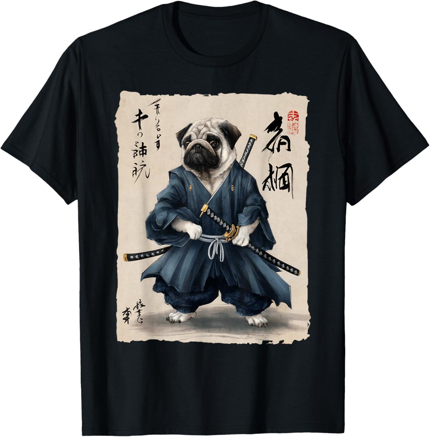 Samurai Pug Japanese Anime Dog Pug Lover Funny Women T-Shirt - T-Shirt | Black