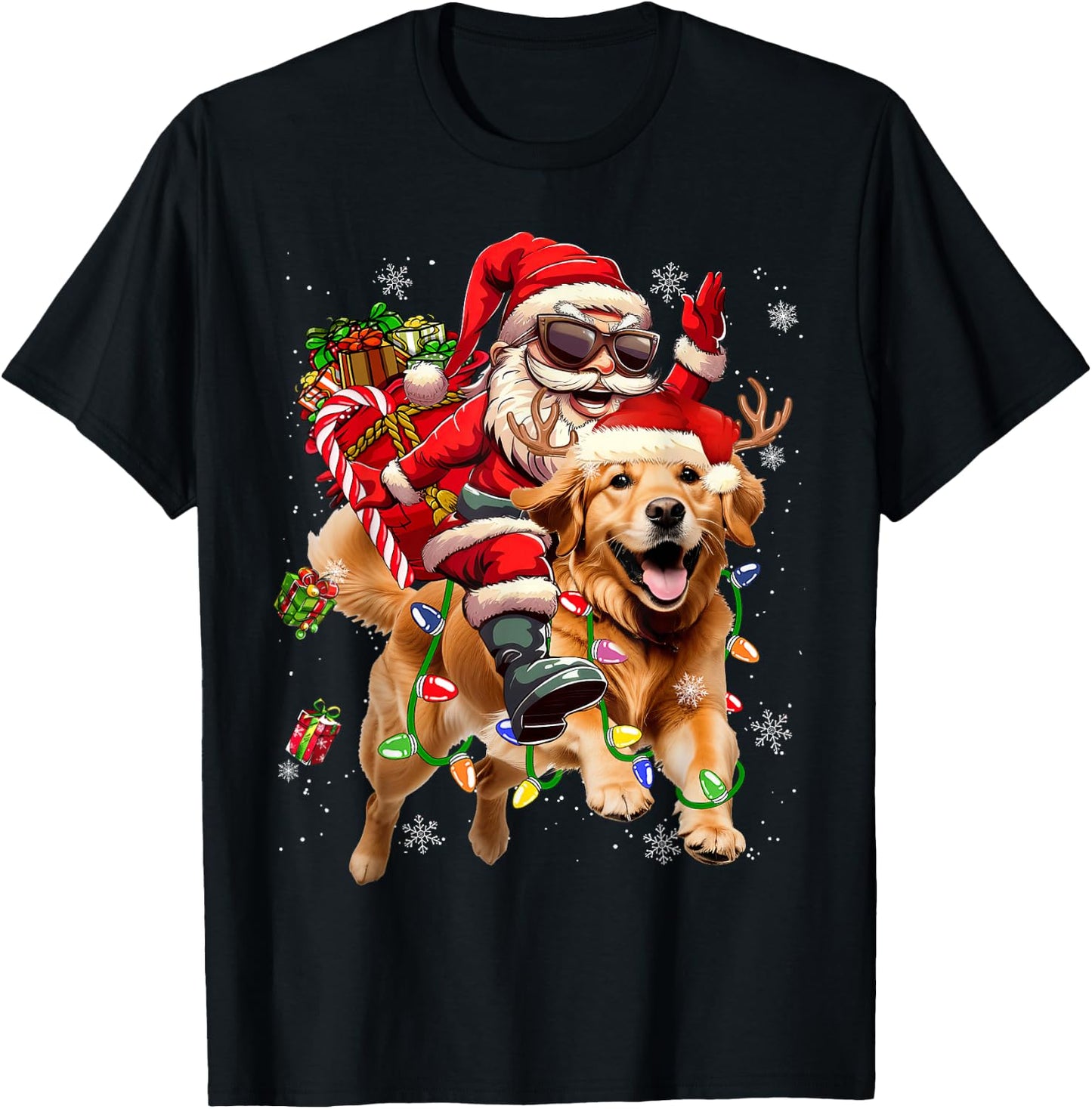 Merry Christmas 2025 Santa Riding Golden Retriever Dog Xmas T-Shirt - T-Shirt | Black