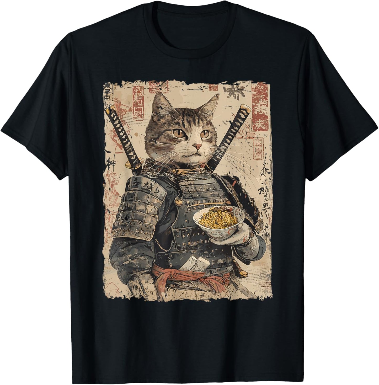 Samurai Cat Loves Ramen Funny Anime Japanese Artwork Samurai T-Shirt - T-Shirt | Black