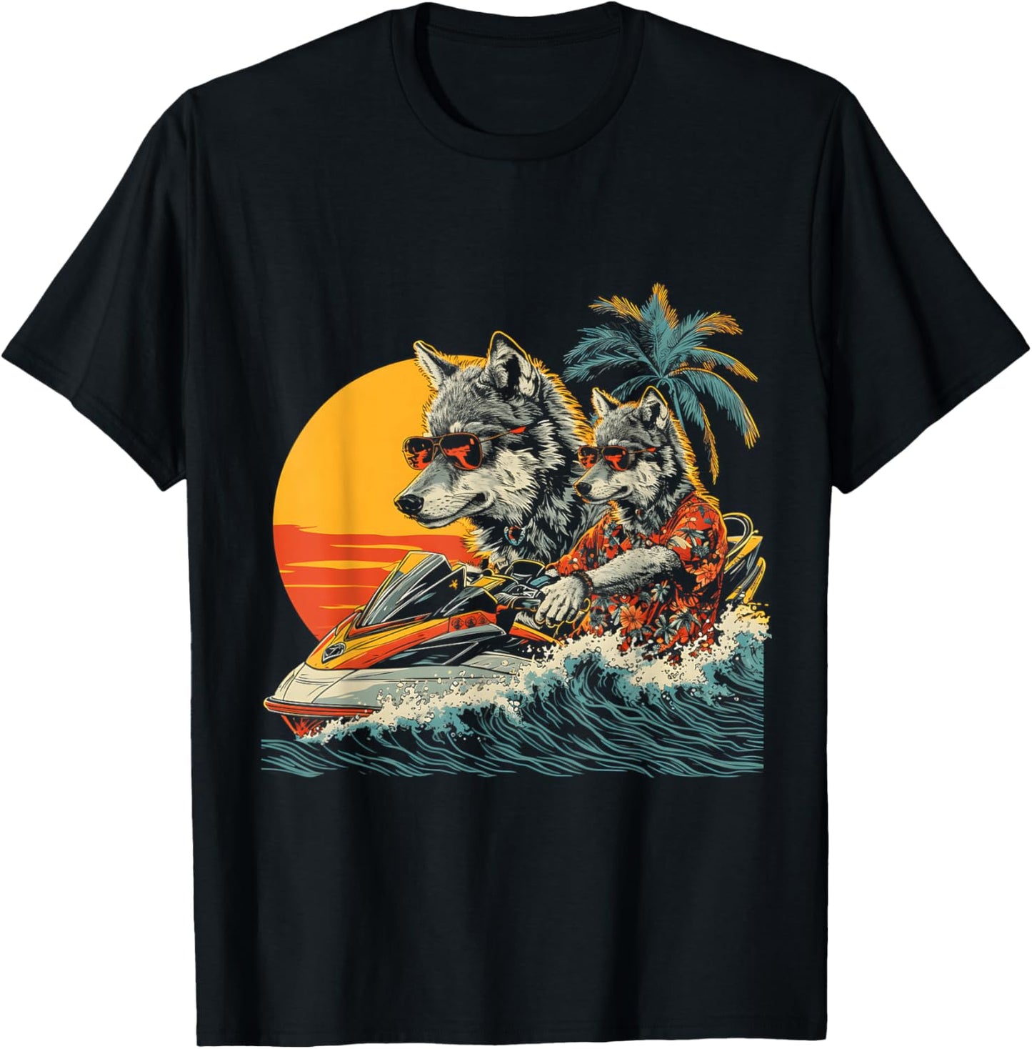 Wolf Driving Jet Ski Wear Hawaiian And Sunglass Sport T-Shirt - T-Shirt | Black