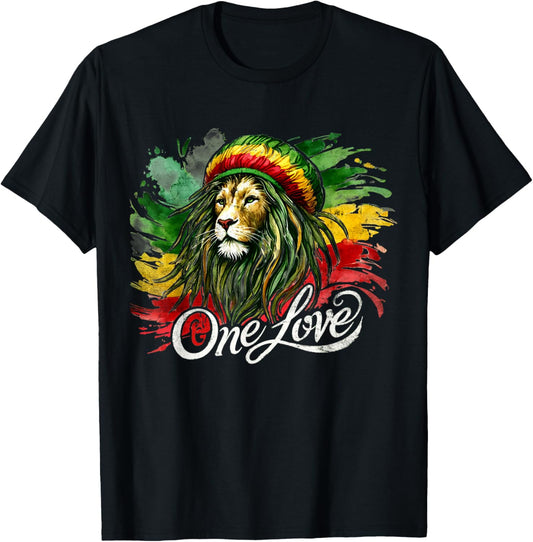 Lion of Judah One Reggae Love Heart Jamaica Rock Roots T-Shirt - T-Shirt | Black