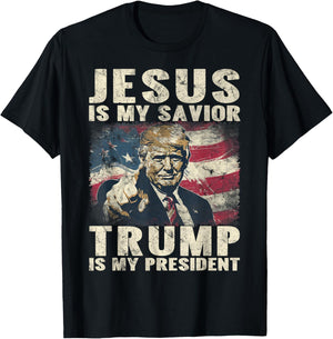 Jesus Is My Savior Trump Is My President 2024 American Flag T-Shirt - T-Shirt | Black