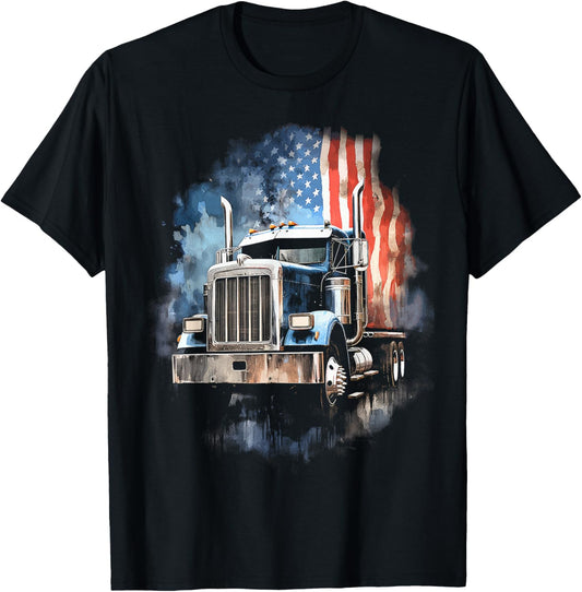 Truck Driver Patriotic American Flag Trucker Semi Driver USA T-Shirt - T-Shirt | Black
