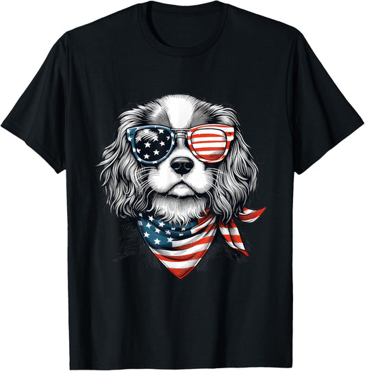 Kids 4th of July with Cavalier King Charles Spaniel Dog T-Shirt - T-Shirt | Black