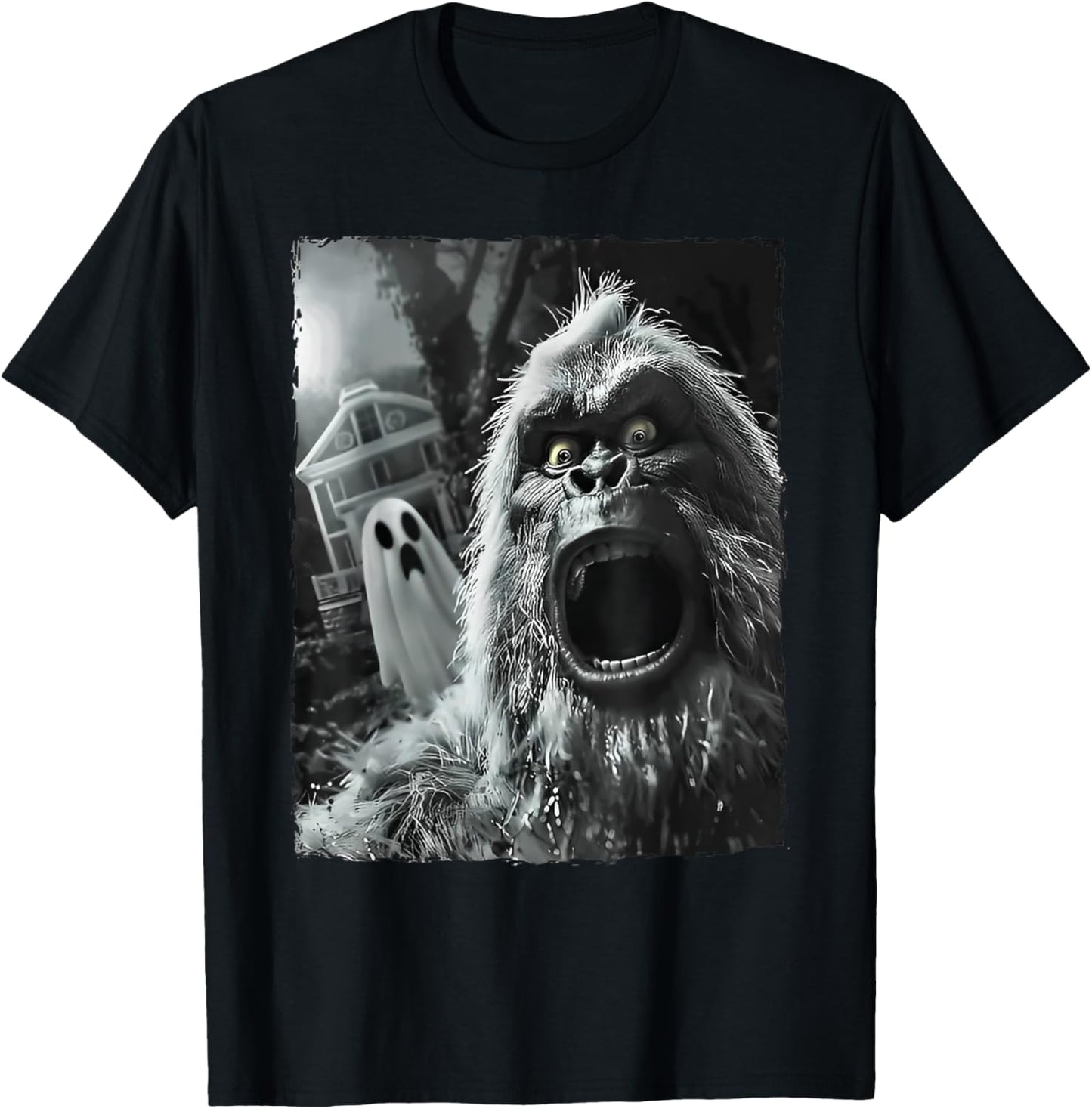 Bigfoot Sasquatch Selfie with Ghost Halloween Haunted House T-Shirt - T-Shirt | Black