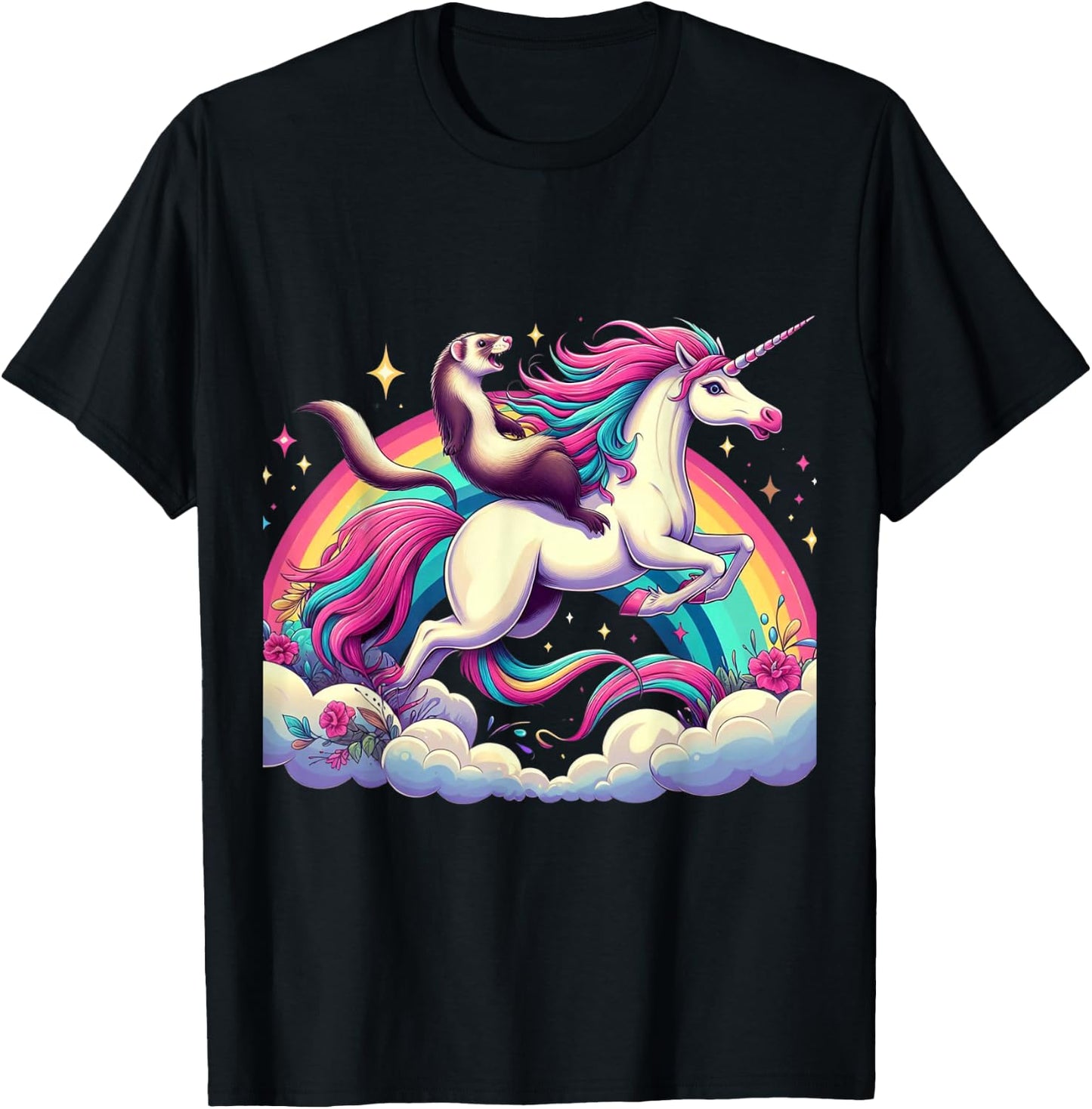 Ferret Riding Unicorn Boys Girls Men Women Kids Rainbow T-Shirt - T-Shirt | Black