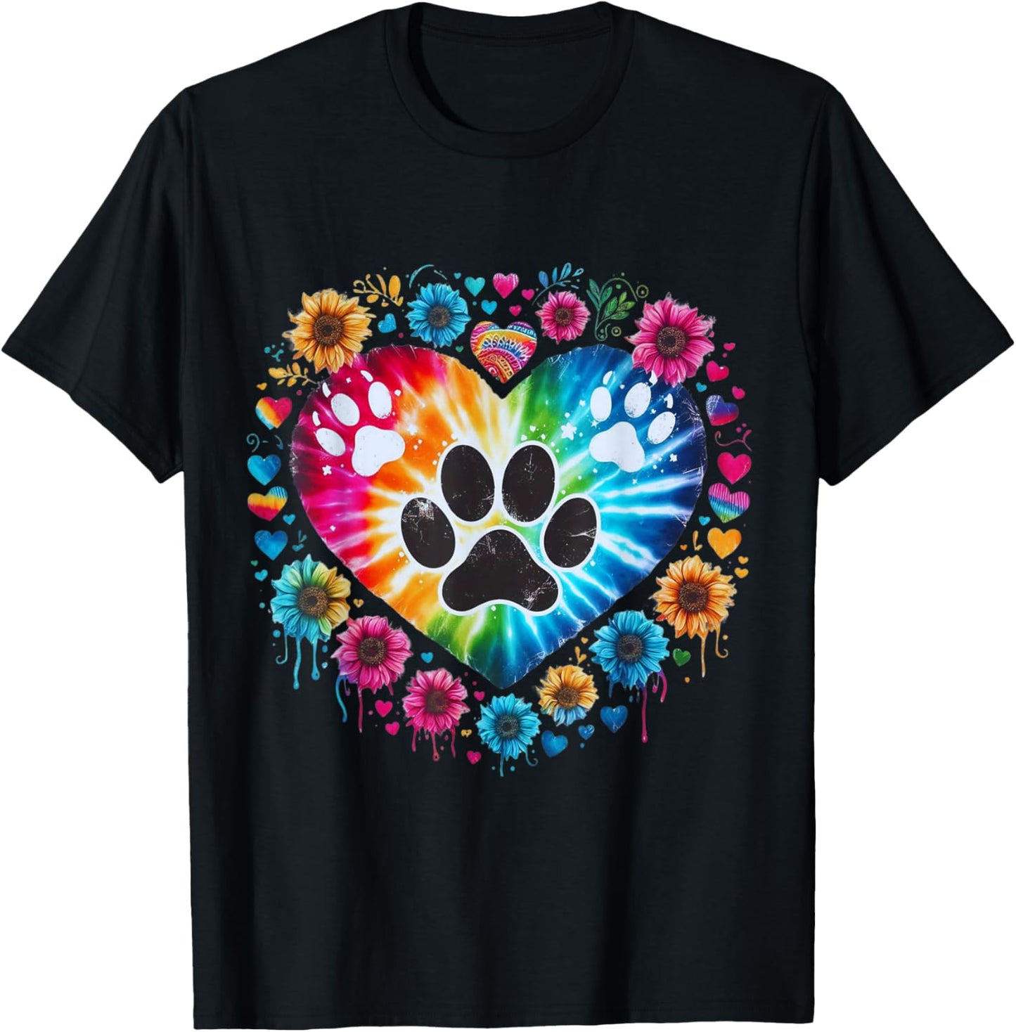 Tie Dye Love Dog Paw Print Heart Animal Lover Men Women T-Shirt - T-Shirt | Black