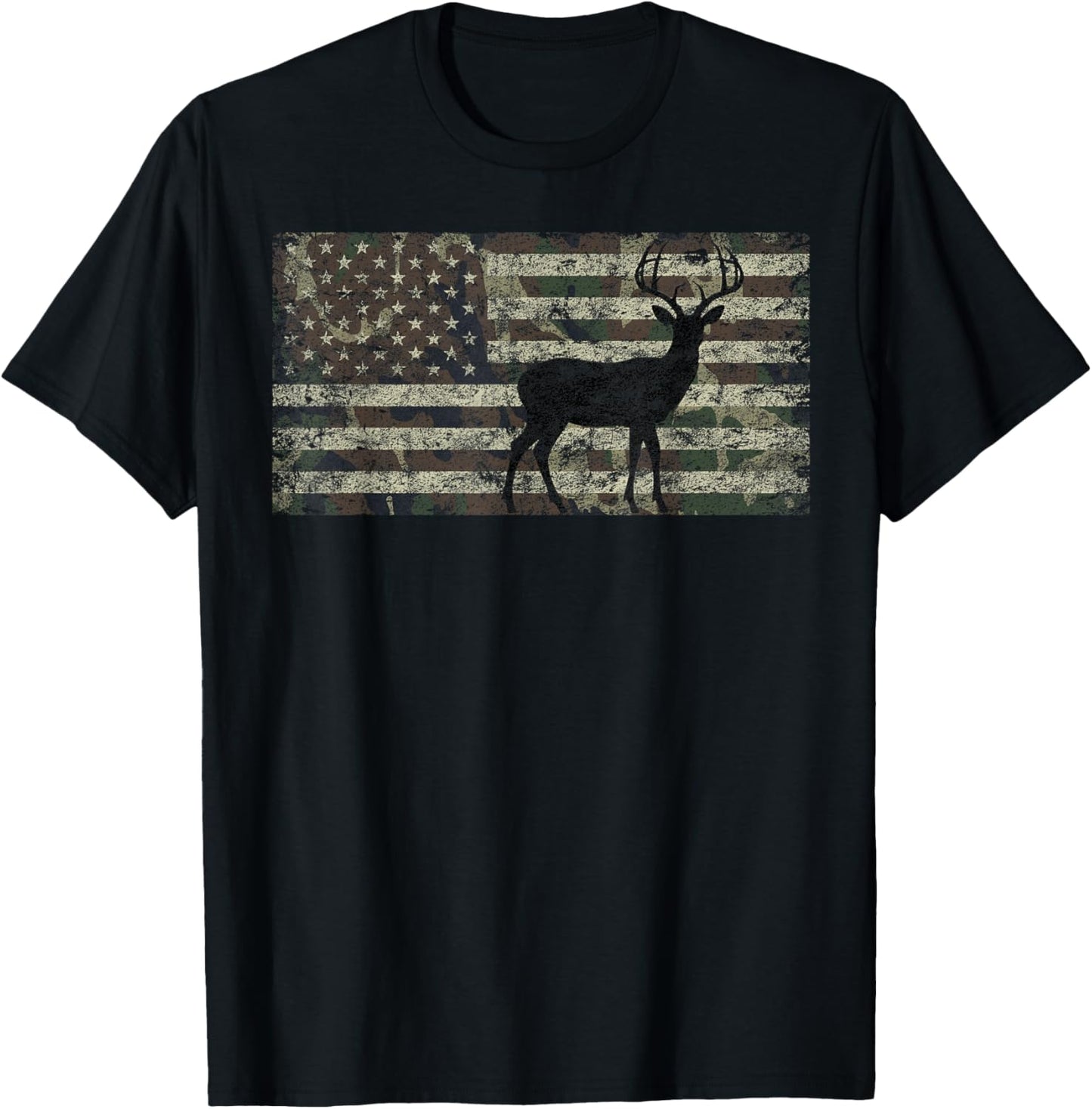 Deer Hunting Camo American Flag Buck Standing Hunter Country T-Shirt - T-Shirt | Black