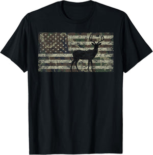 Deer Hunting Camo American Flag Buck Standing Hunter Country T-Shirt - T-Shirt | Black