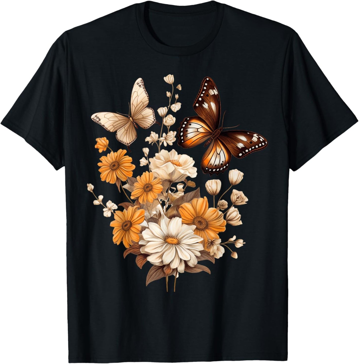 Vintage Pressed Flowers Butterflies Floral Boho Wildflowers T-Shirt - T-Shirt | Black