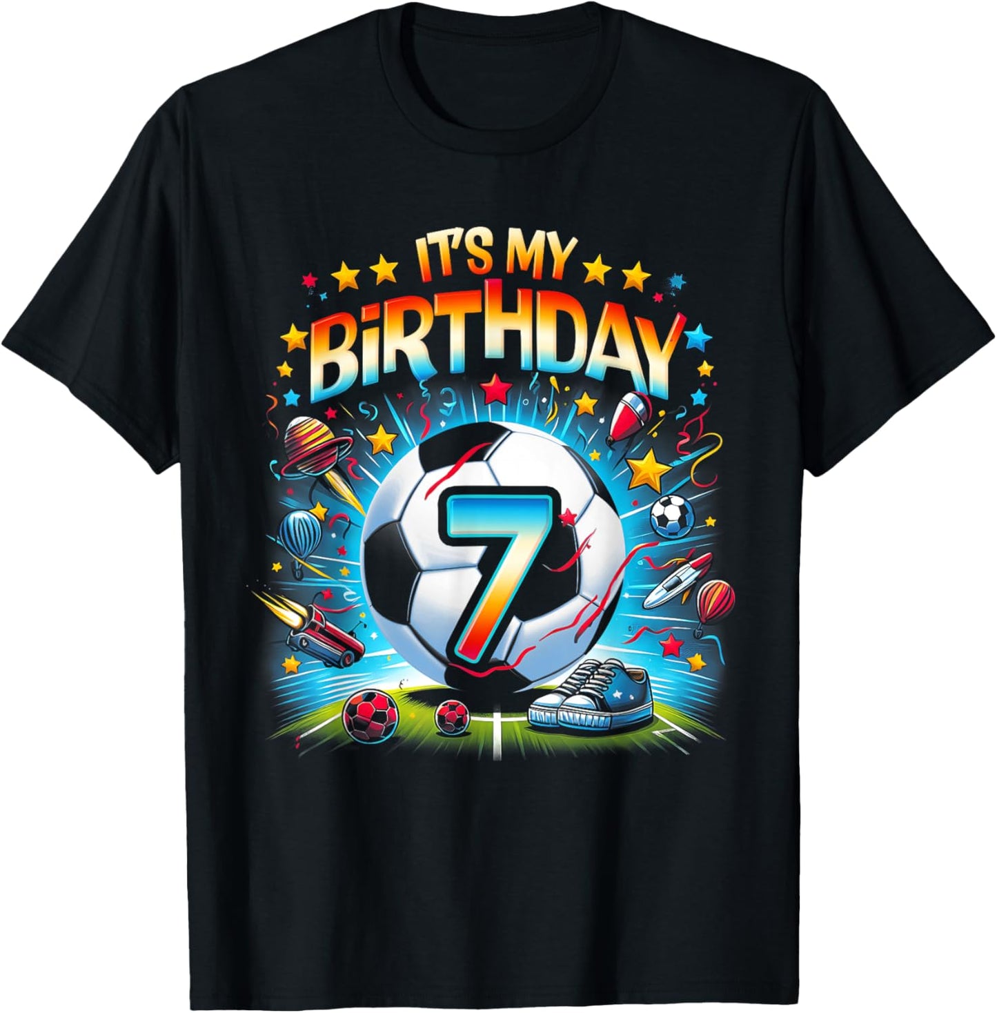 Kids It's My 7th Birthday Boys Soccer Football 7 Years Old T-Shirt - T-Shirt | Black