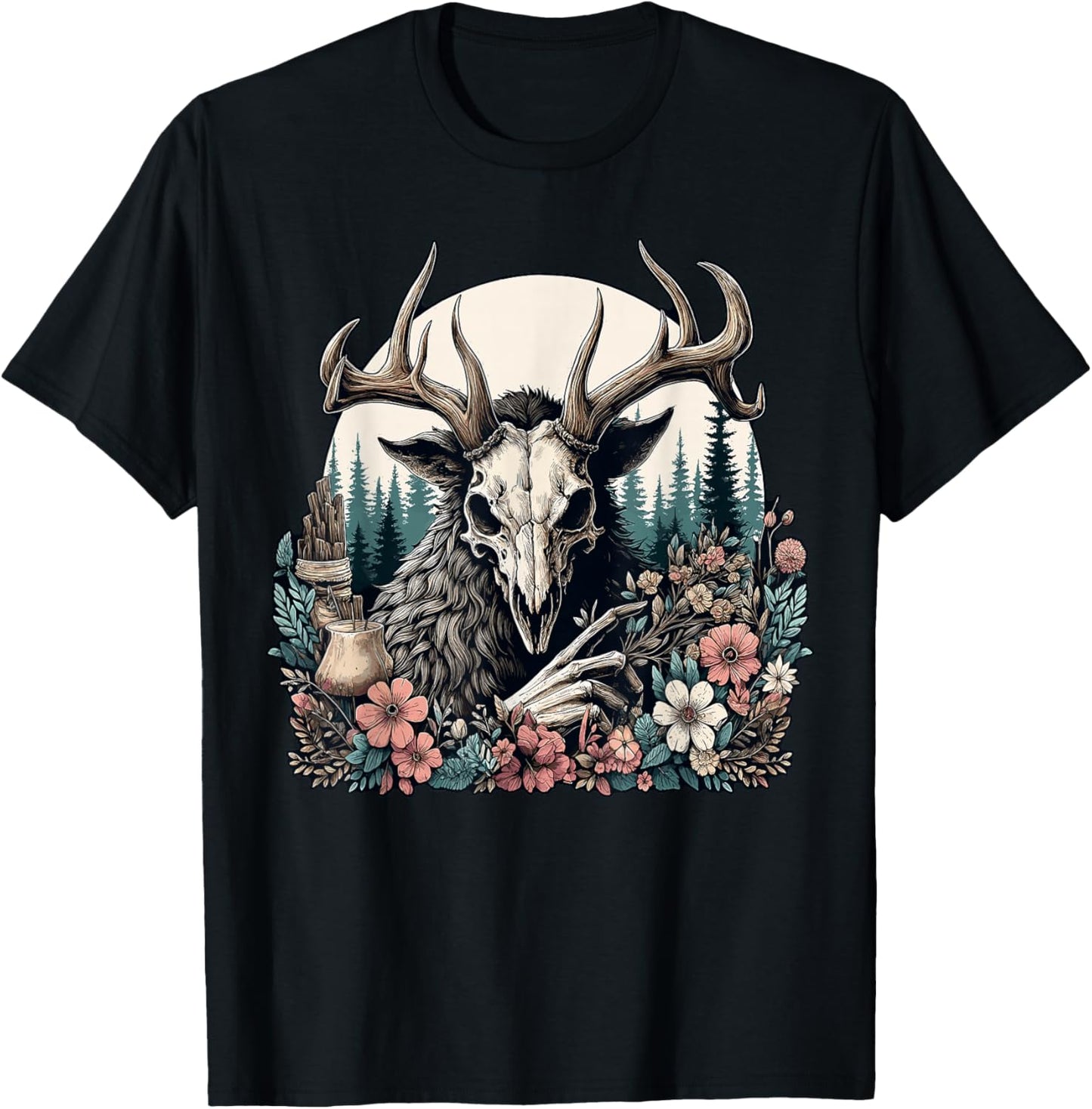 Floral Cryptid Wendigo Nature Forest T-Shirt - T-Shirt | Black